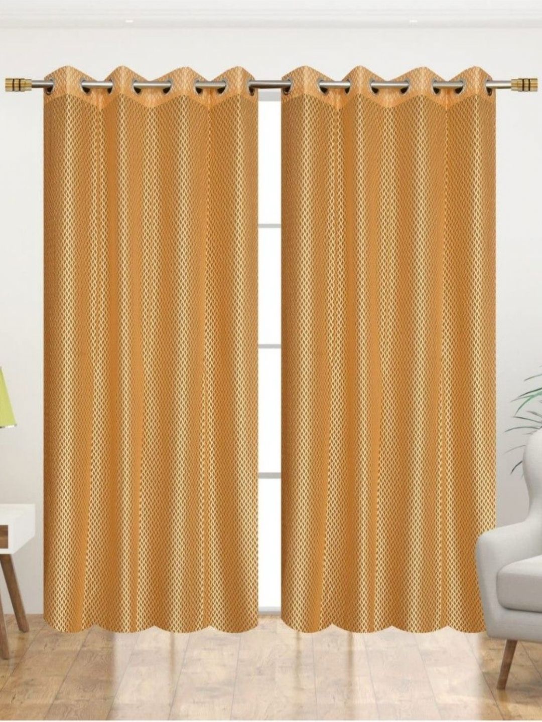UrbanArts Gold-Toned 2 Pieces Embroidered Sheer Window Curtains