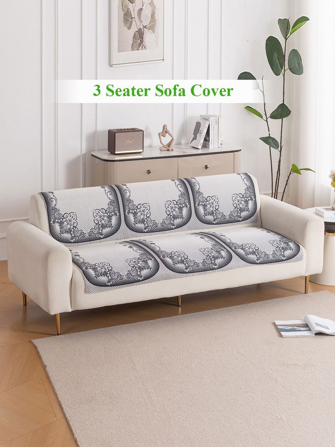 HOKIPO Twilight Lace Printed 3 Seater Sofa Cover Set for Seat and Back