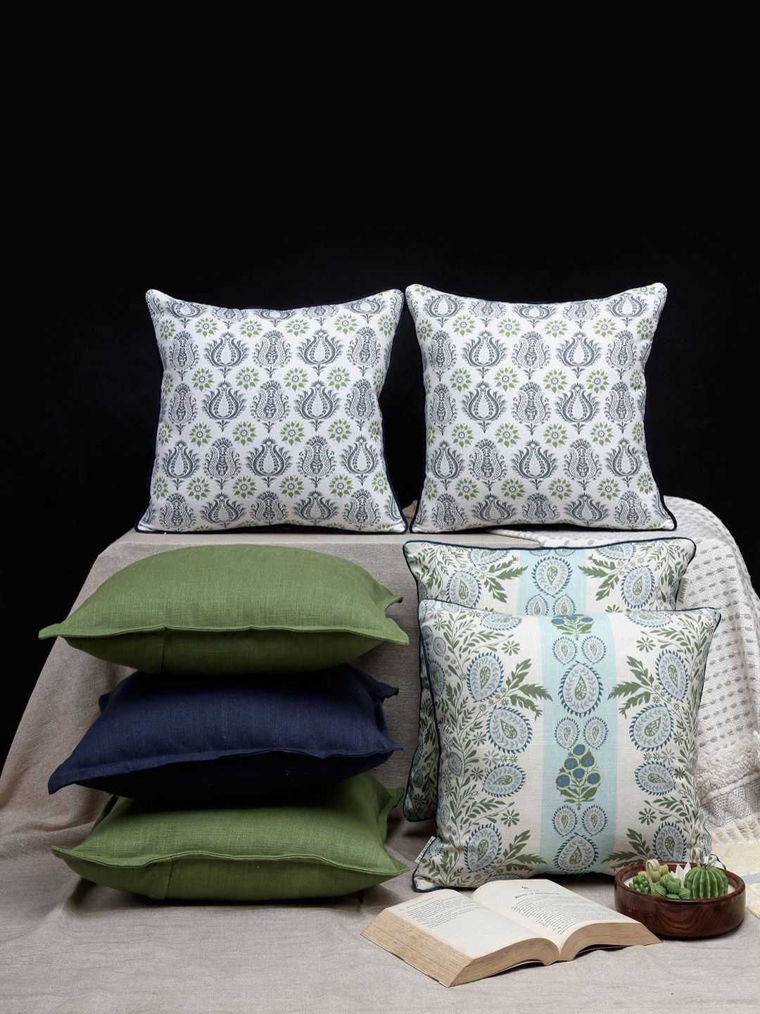 ANWYN Blue & Green 7 Pcs Floral Textured Cotton Square Ethnic Motifs Cushion Covers