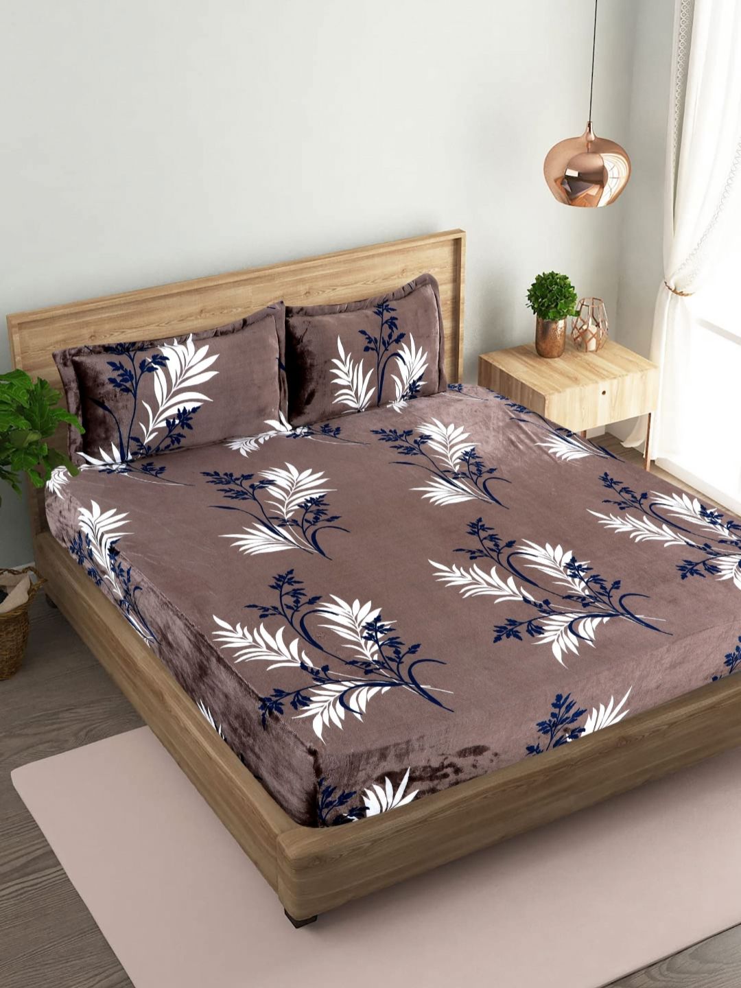 BLUEDOT Brown 300 TC Woolen King Size Fitted Double Bedsheet & 2 Pillow Covers