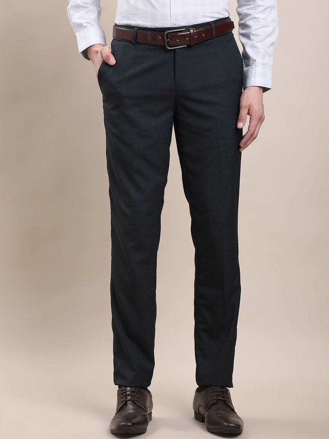 Turtle Men Self Design Tailored Slim Fit Formal Trousers