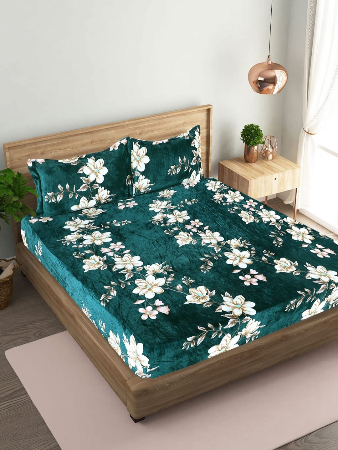 BLUEDOT Green 300 TC Woolen King Size Fitted Double Bedsheet & 2 Pillow Covers