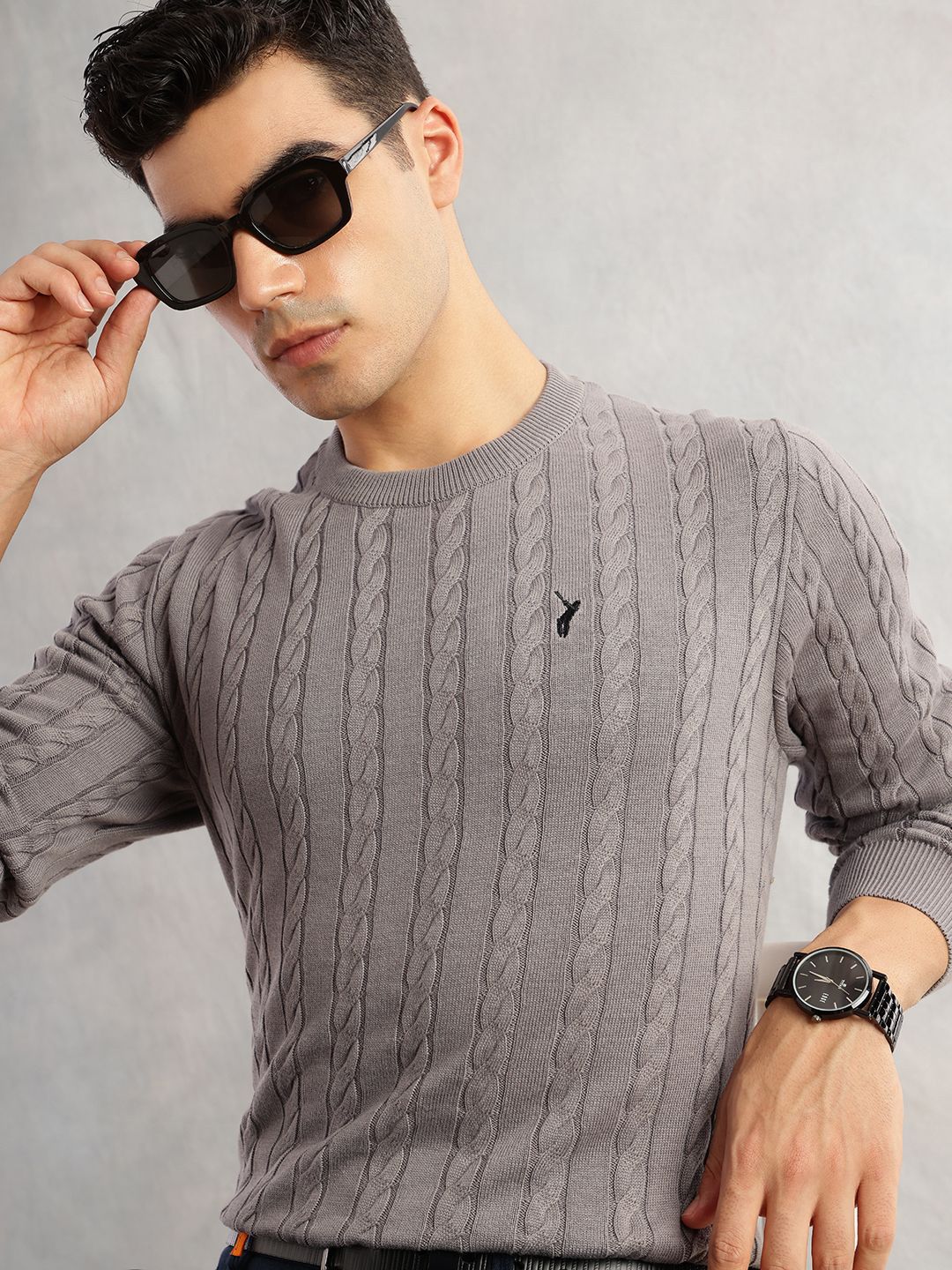Thomas Scott Men Cable Knit Cotton Round Neck Pullover Sweater