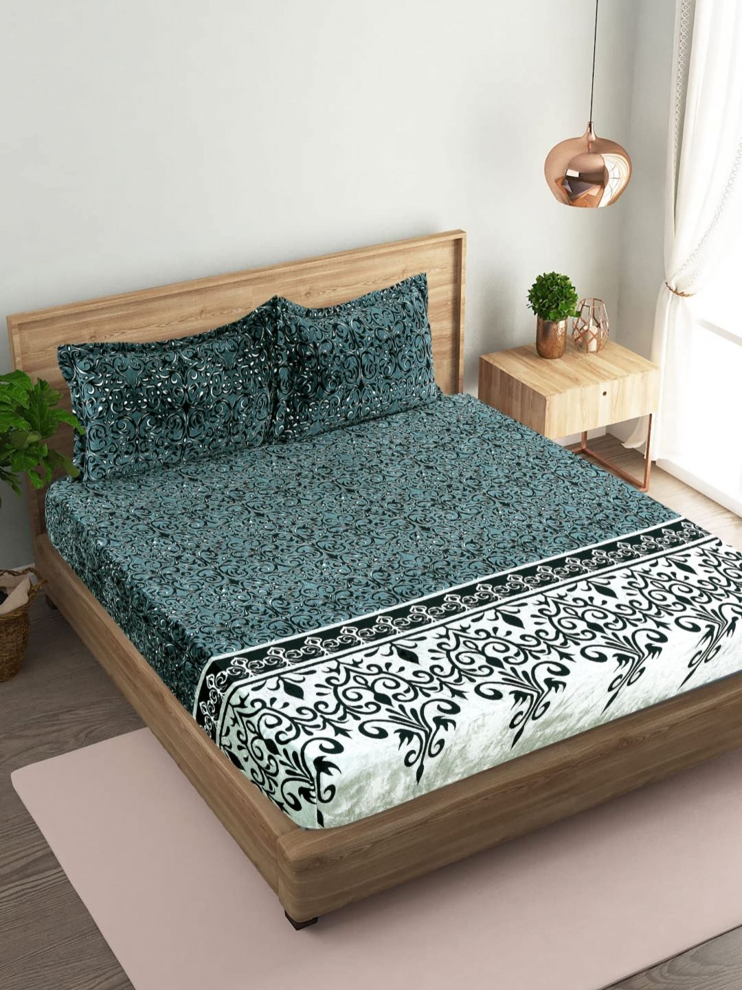 BLUEDOT Green 300 TC Woolen King Size Fitted Double Bedsheet & 2 Pillow Covers