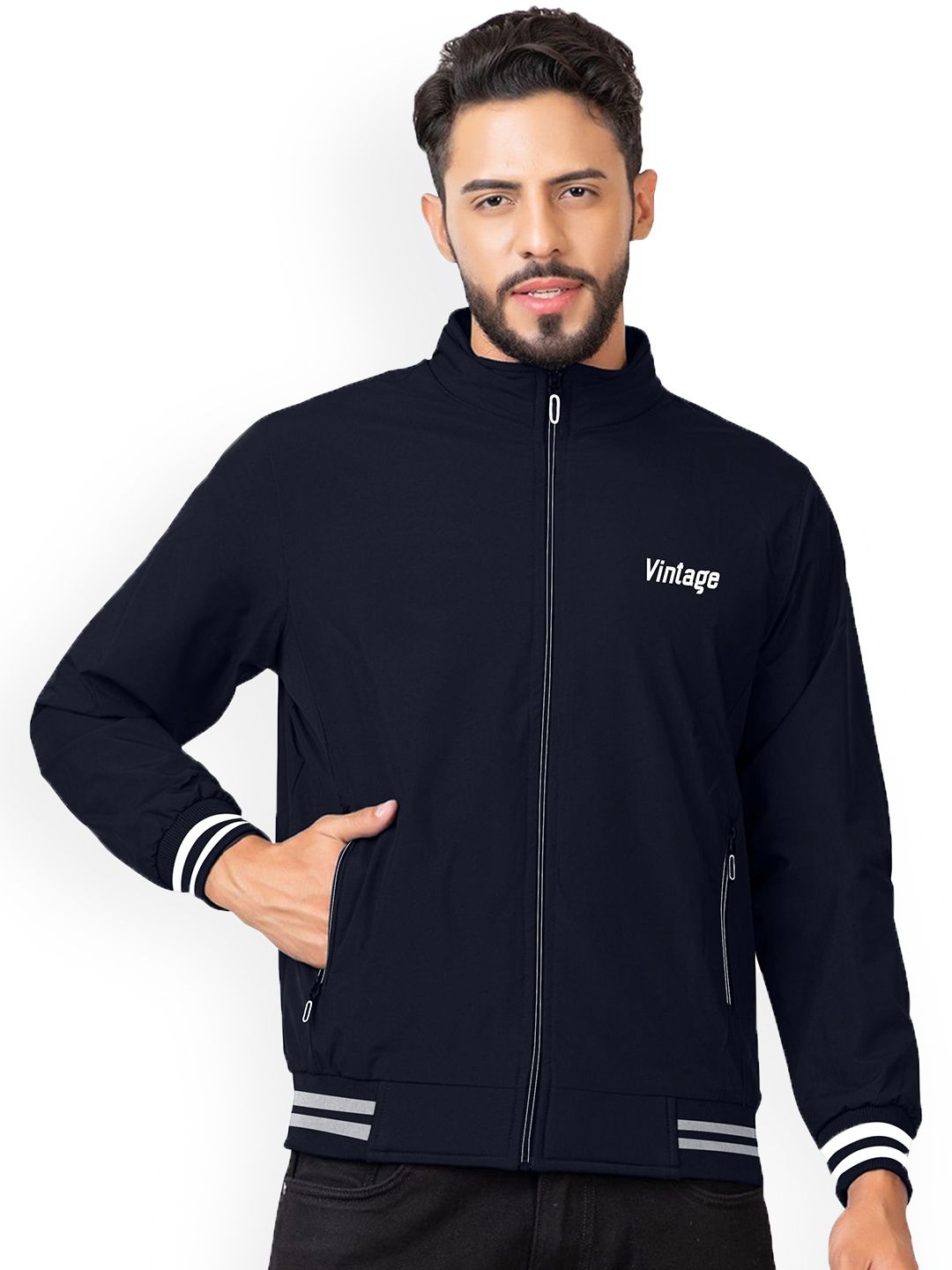 FTX Men Mock Collar Solid Windcheater Bomber Jacket