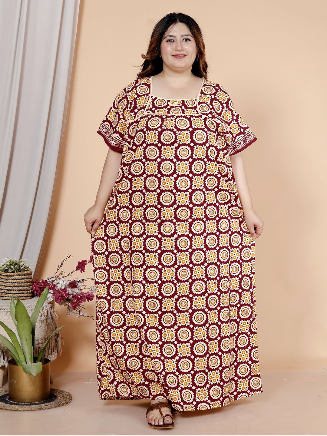 JAIPZZ APPARELS JAIPZZ APPARELS Women Plus Size Square Neck Printed Pure Cotton Maxi Nightdress