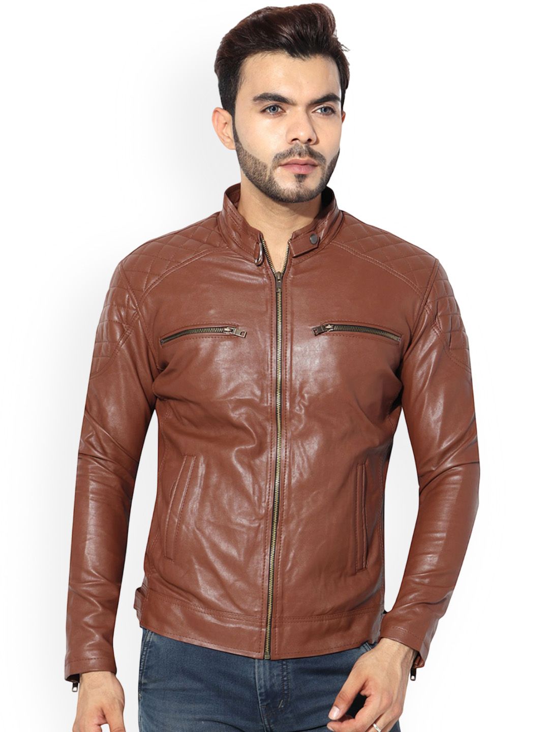 GARMADIAN Men Mock Collar Solid Lightweight Biker Jacket