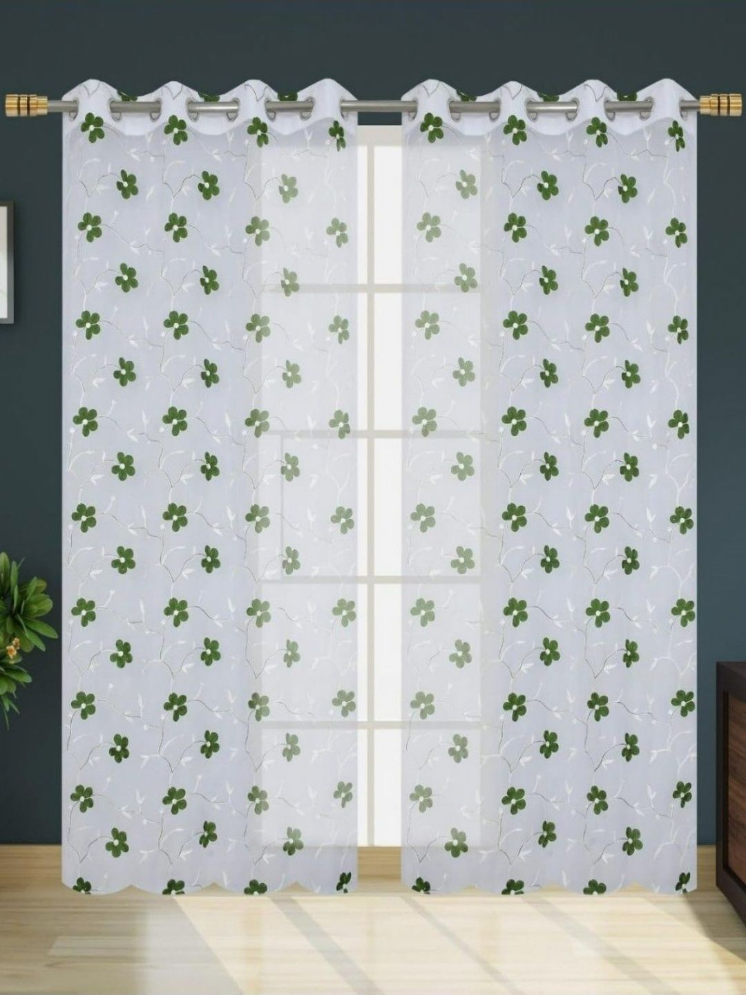 UrbanArts Green & White 2 Pieces Printed Sheer Window Curtains