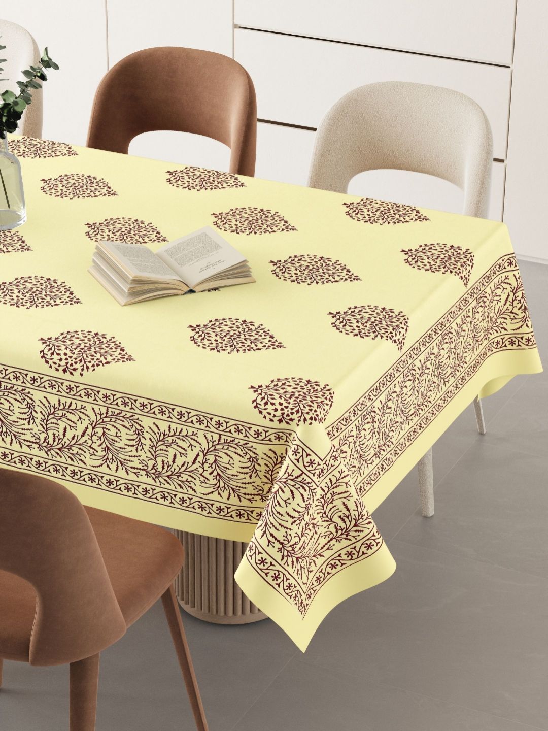 LIVING ROOTS Yellow & Maroon Ethnic Motifs Printed Pure Cotton 6-Seater Table Cover