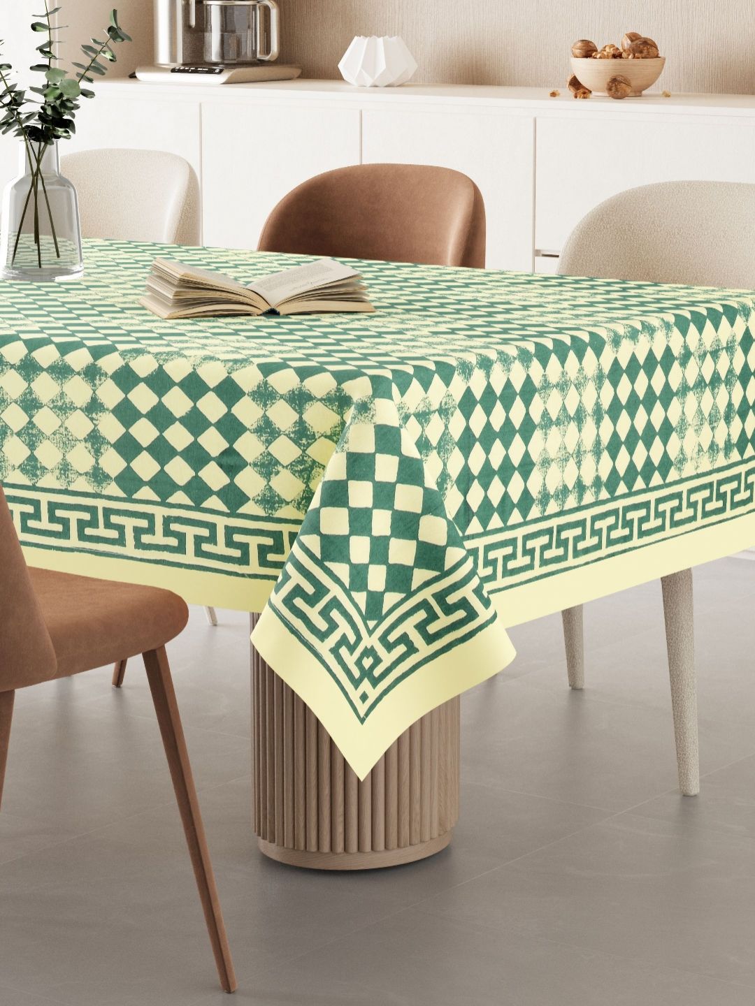 LIVING ROOTS Cream Colored & Green Geometric Printed Pure Cotton 6-Seater Table Cover