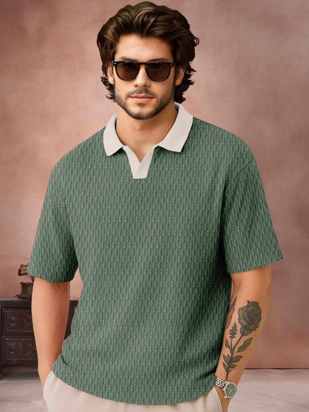 Force Men Self Design Polo Collar Relaxed Fit T-shirt