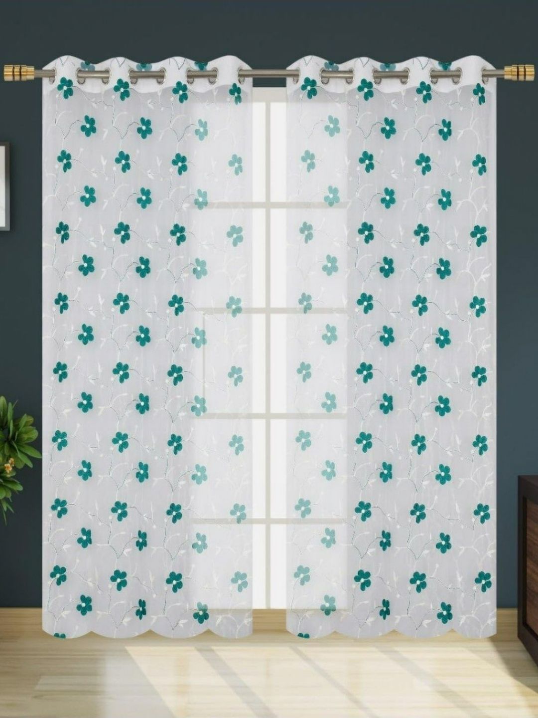 UrbanArts Sea Green & White 2 Pieces Floral Printed Sheer Window Curtains