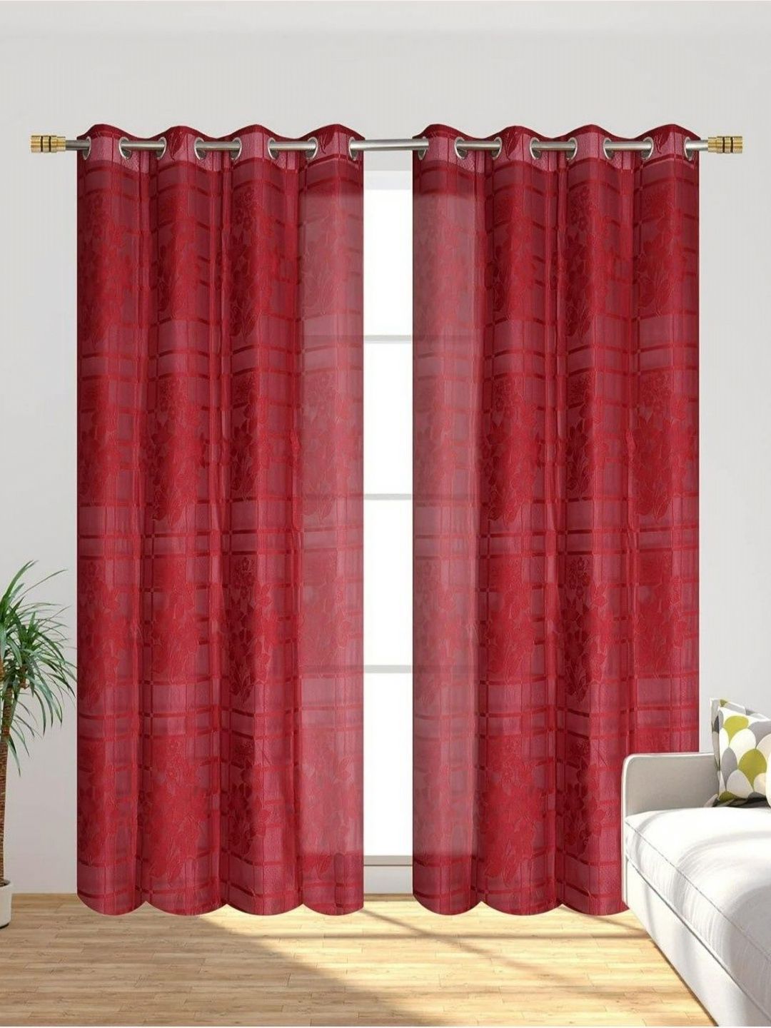 UrbanArts Maroon 2 Pieces Embroidered Sheer Window Curtains