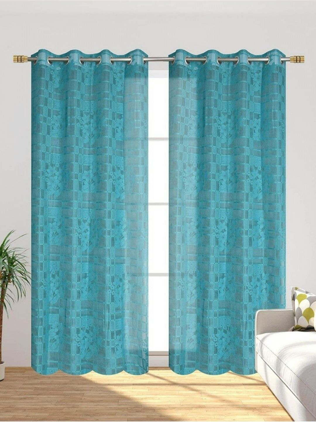 UrbanArts Turquoise Blue 2 Pieces Embroidered Sheer Window Curtains