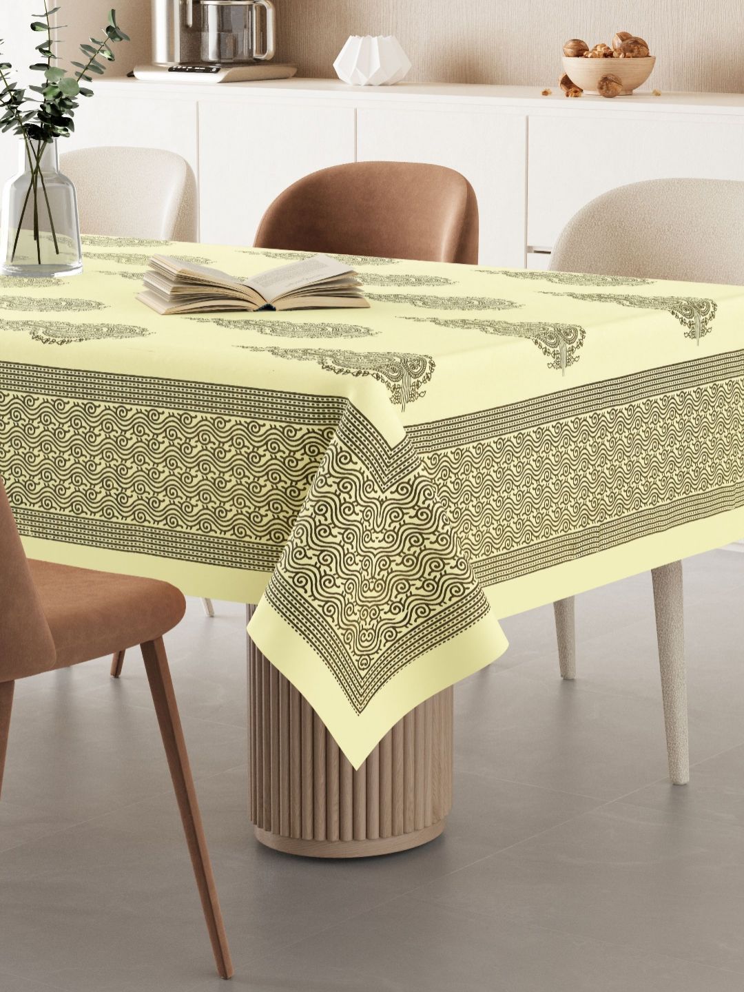 LIVING ROOTS Yellow & Grey Ethnic Motifs Printed Pure Cotton 6-Seater Table Cover