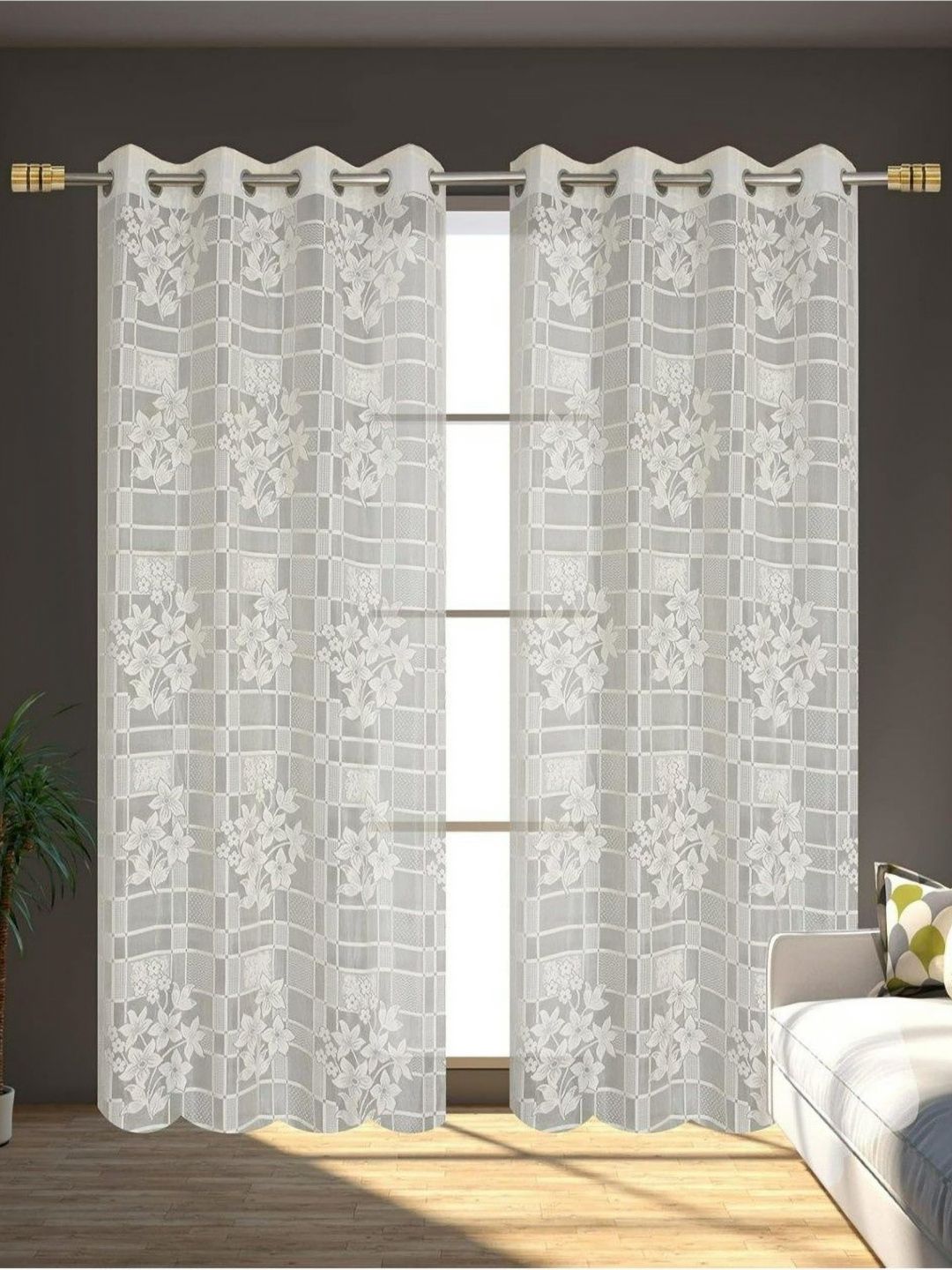 UrbanArts Cream-Coloured 2 Pieces Embroidered Sheer Window Curtains