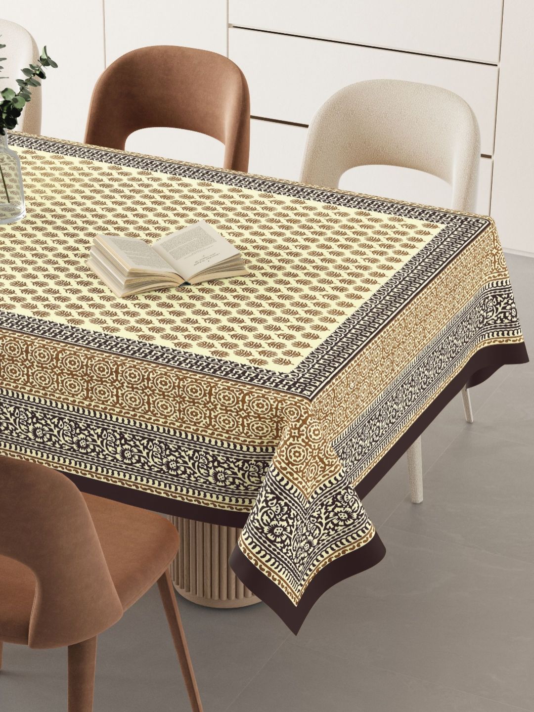 LIVING ROOTS Cream Colored & Brown Ethnic Motifs Printed Pure Cotton 6-Seater Table Cover