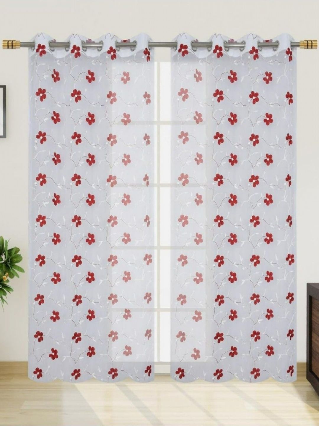 UrbanArts Red & White 2 Pieces Printed Sheer Window Curtains