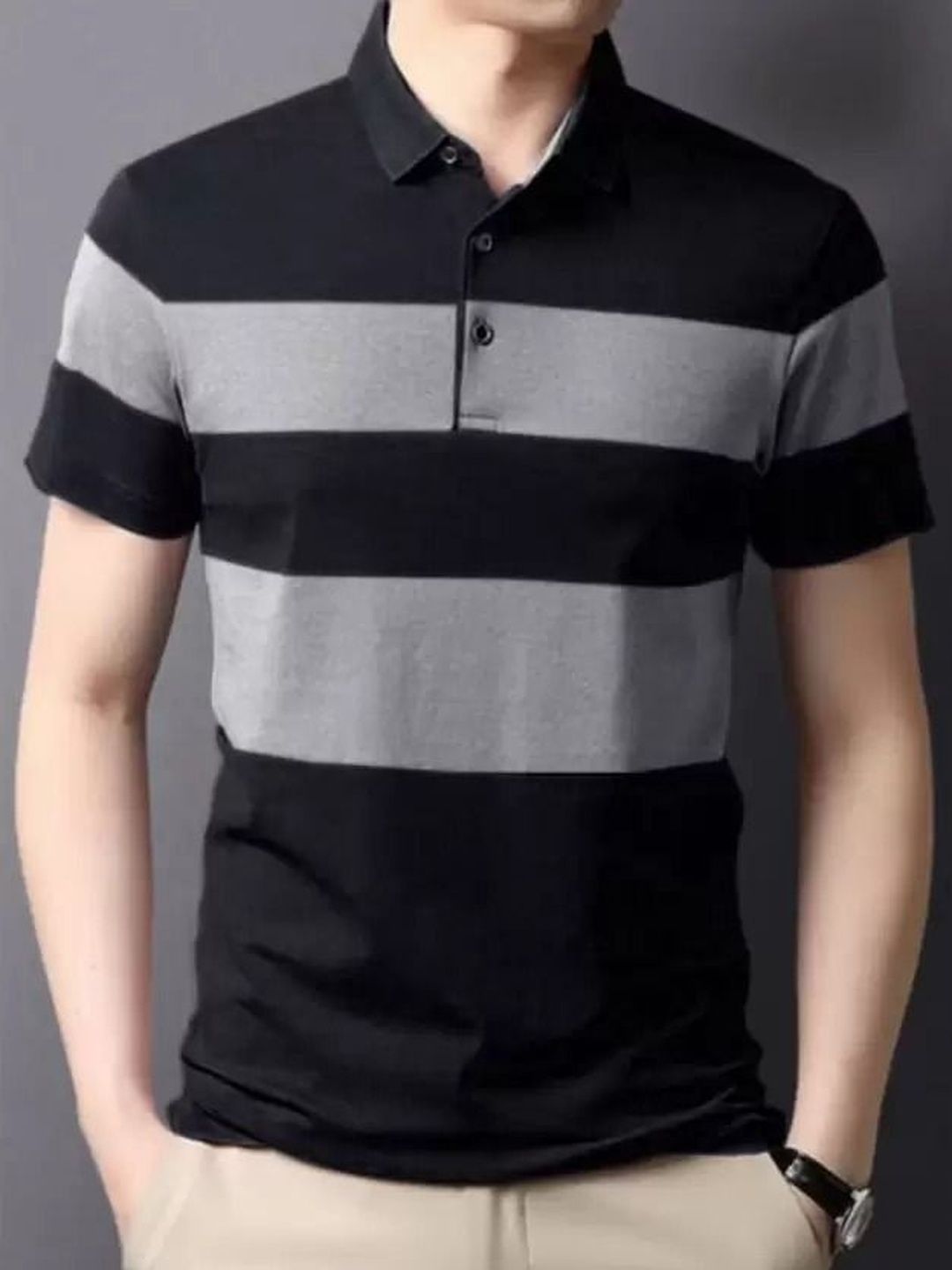 HOODLER Striped Polo Collar Pure Cotton T-shirt