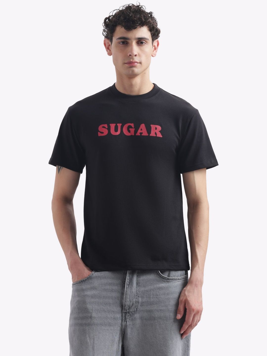 IMUCI Typography Printed Pure Cotton Boxy T-shirt