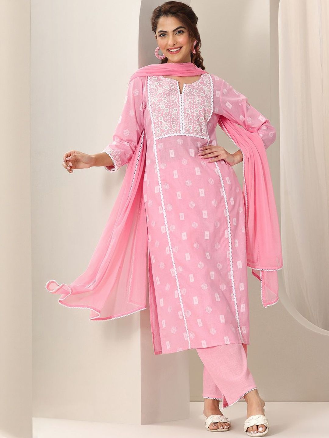 Libas Libas Floral Embroidered Straight Thread Work Kurta With Trousers & Dupatta