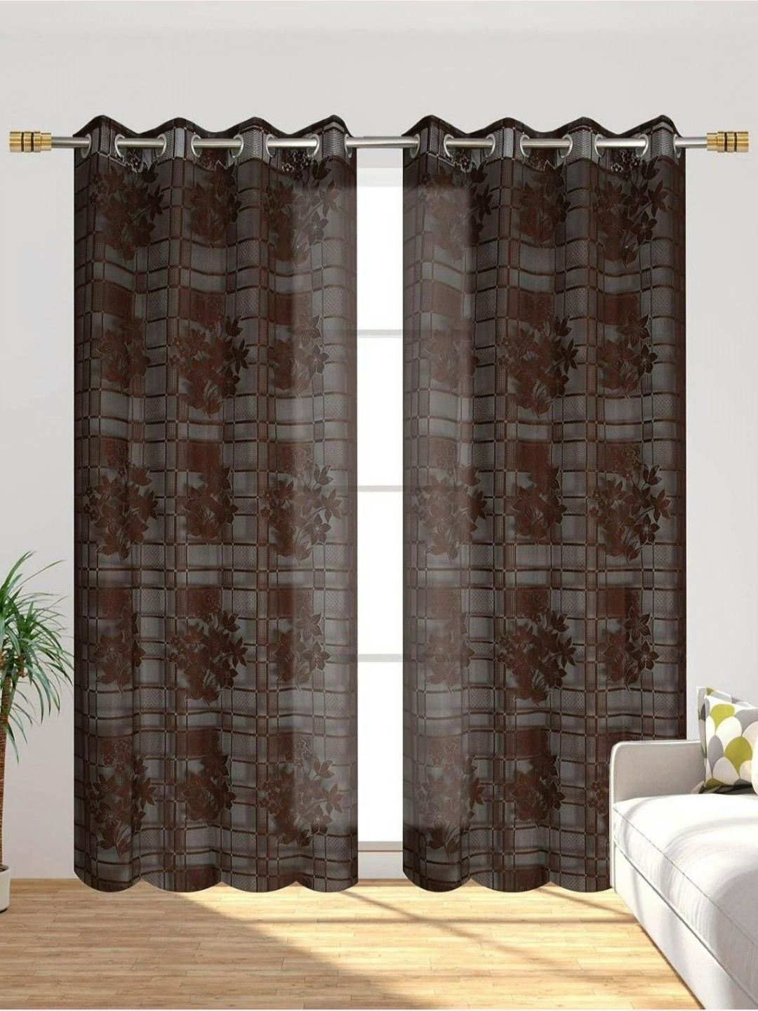 UrbanArts Brown 2 Pieces Embroidered Sheer Window Curtains
