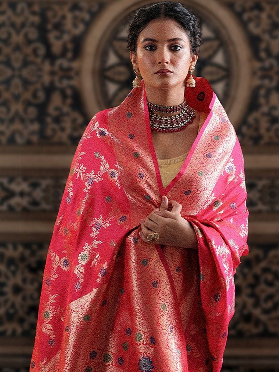 Libas Pink Woven Design Saree With Unstitched Blouse Piece