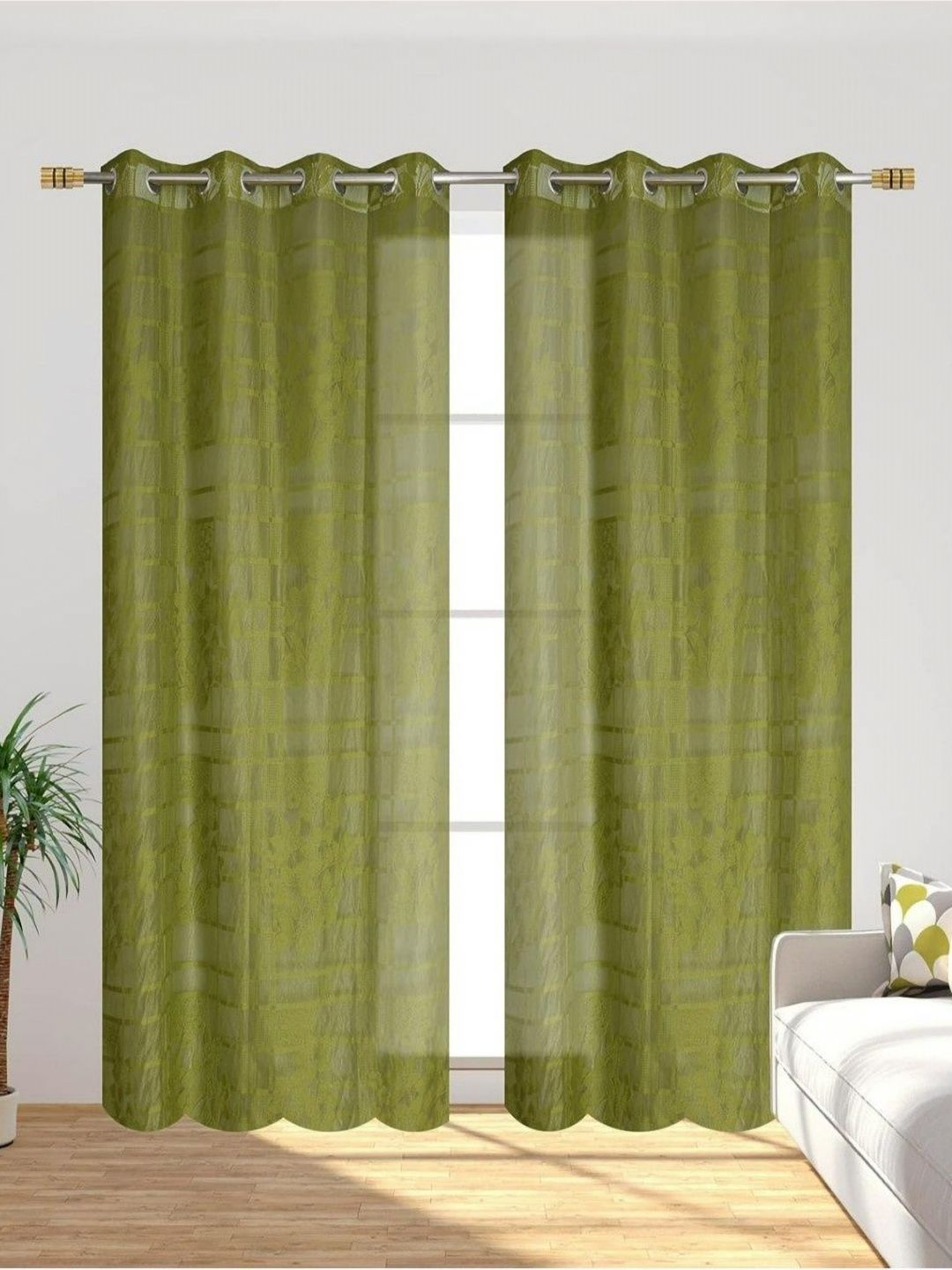 UrbanArts Green 2 Pieces Embroidered Sheer Window Curtains
