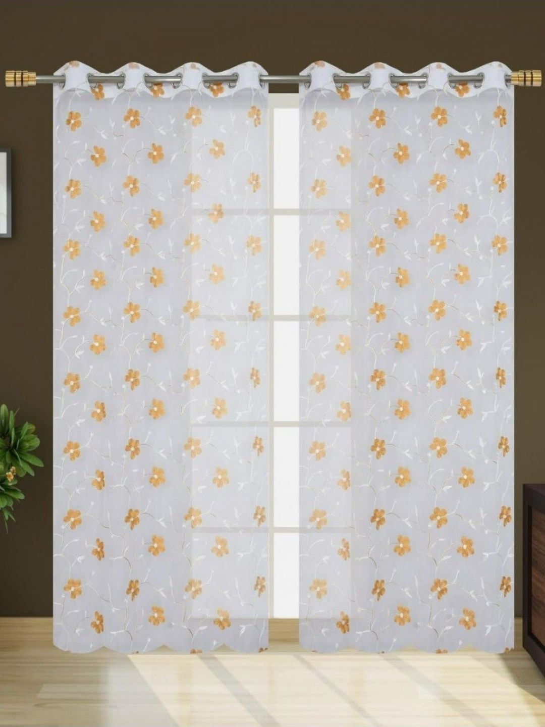 UrbanArts Yellow & White 2 Pieces Printed Sheer Window Curtains