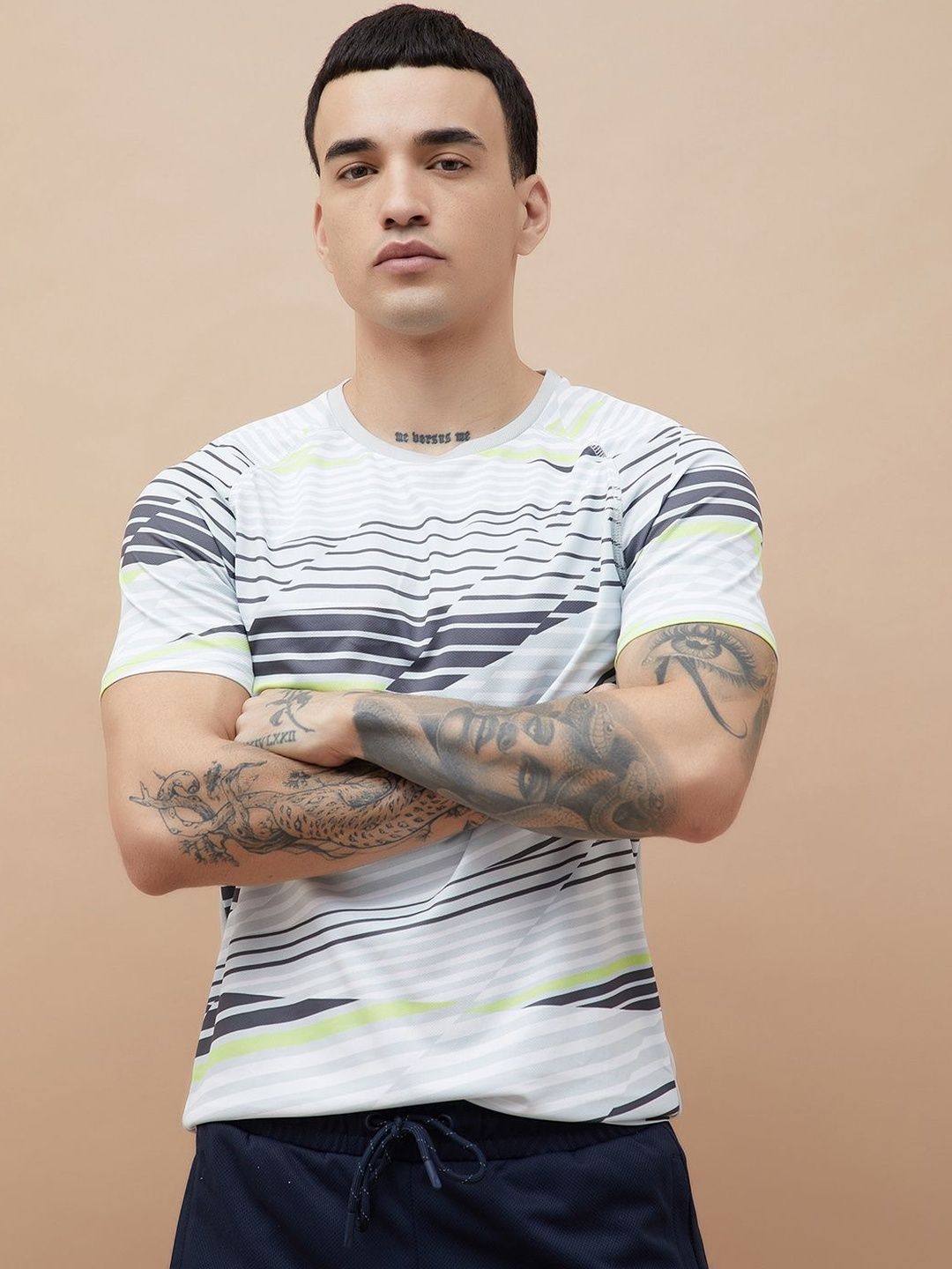 Fame Forever by Lifestyle Striped Printed Raglan Sleeves Round Neck T-shirt
