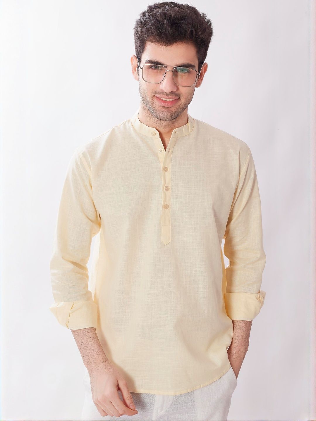 PulseIQ Men Mandarin Collar Roll-Up Sleeves Straight Kurta