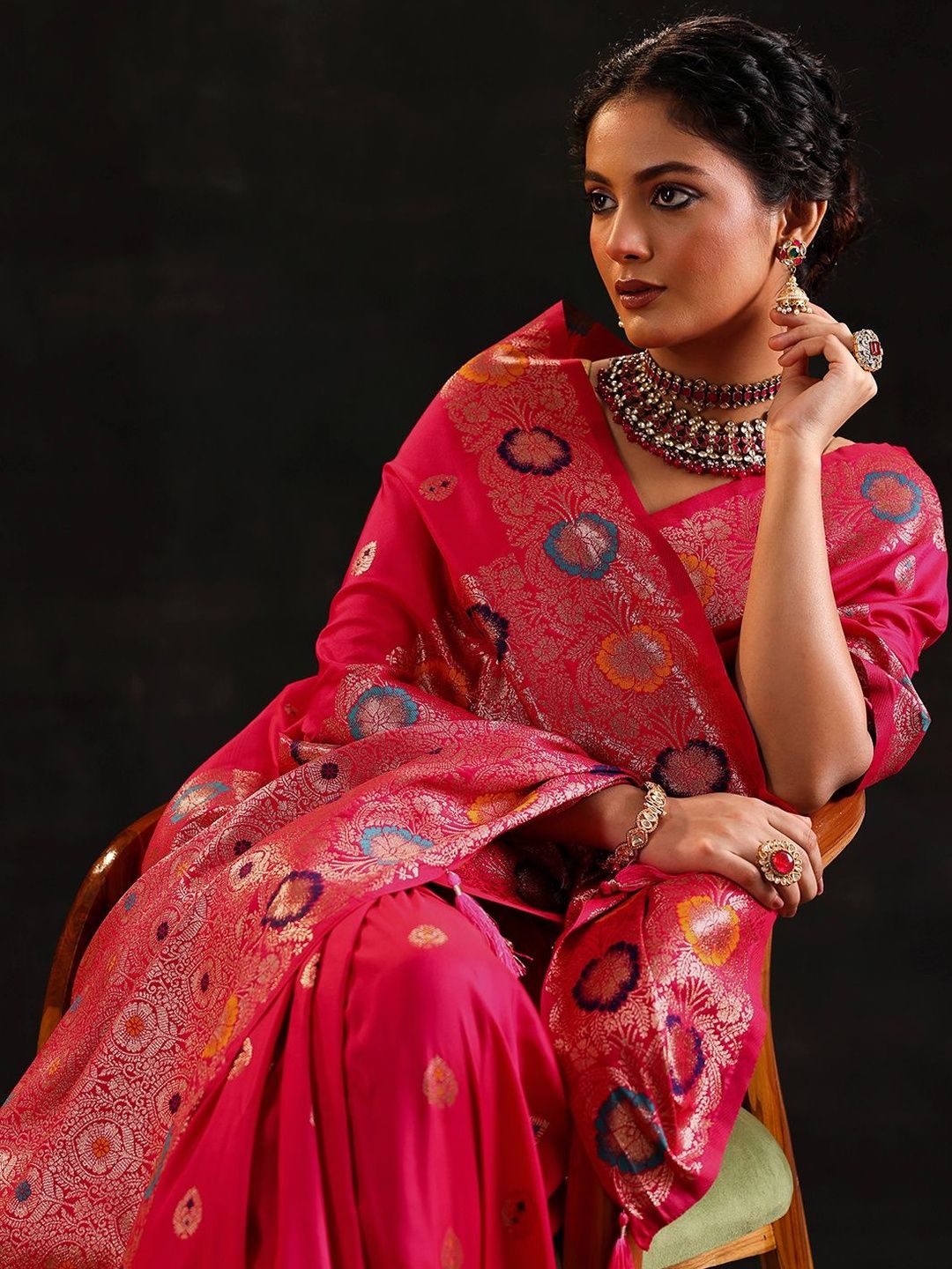 Libas Pink Woven Design Saree With Unstitched Blouse Piece