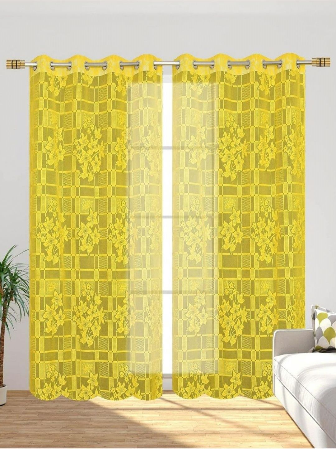 UrbanArts Yellow 2 Pieces Embroidered Sheer Window Curtains