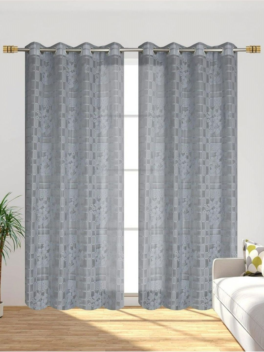 UrbanArts Grey 2 Pieces Embroidered Sheer Window Curtains