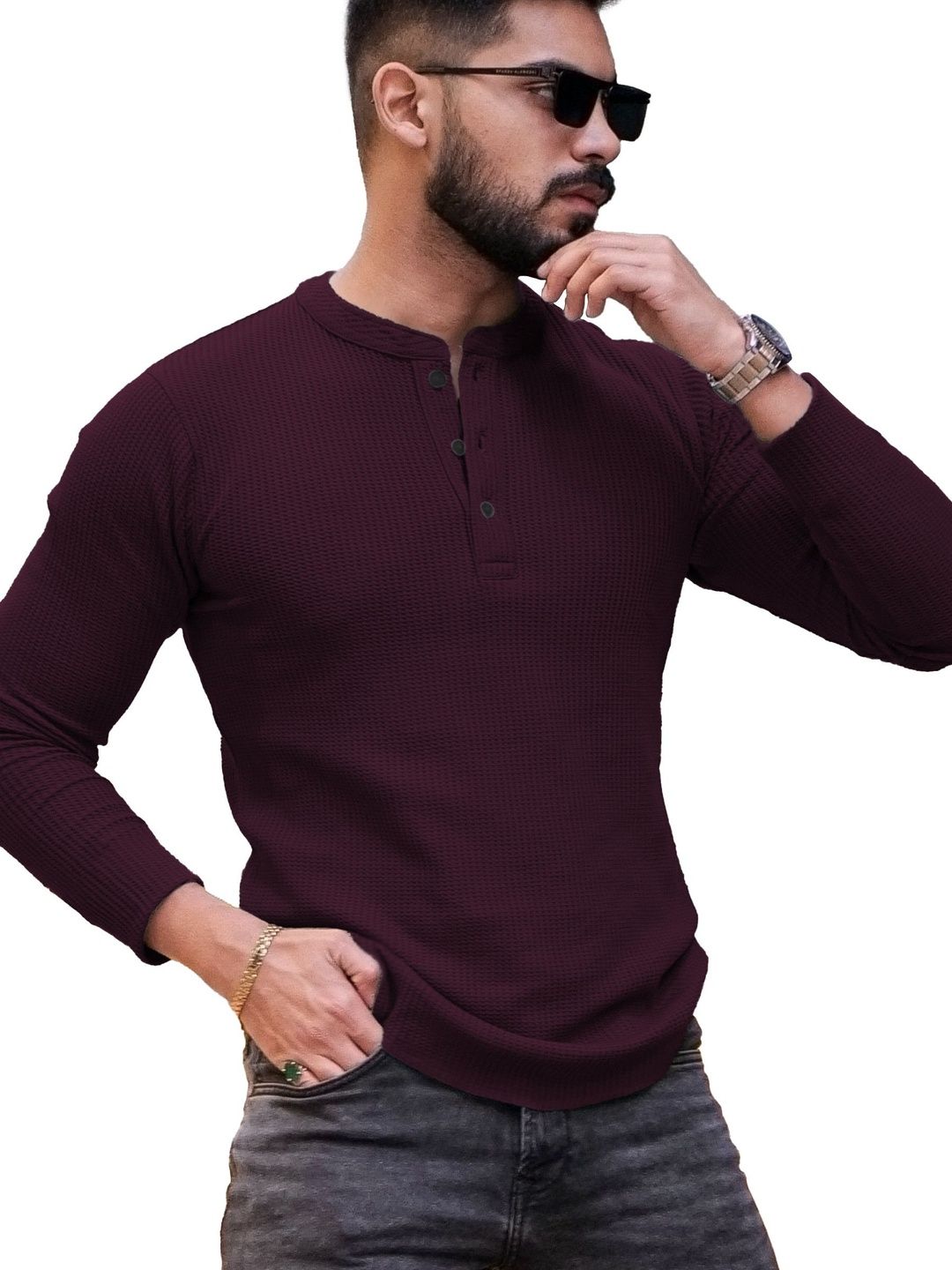 HOODLER Men Solid Henley Neck Cotton T-shirt