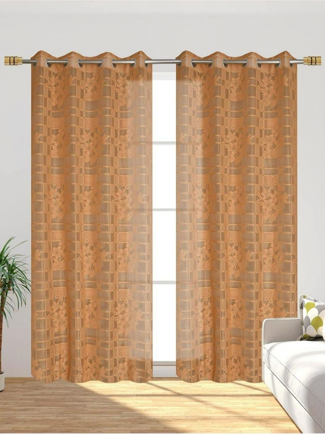 UrbanArts Gold-Toned 2 Pieces Embroidered Sheer Window Curtains