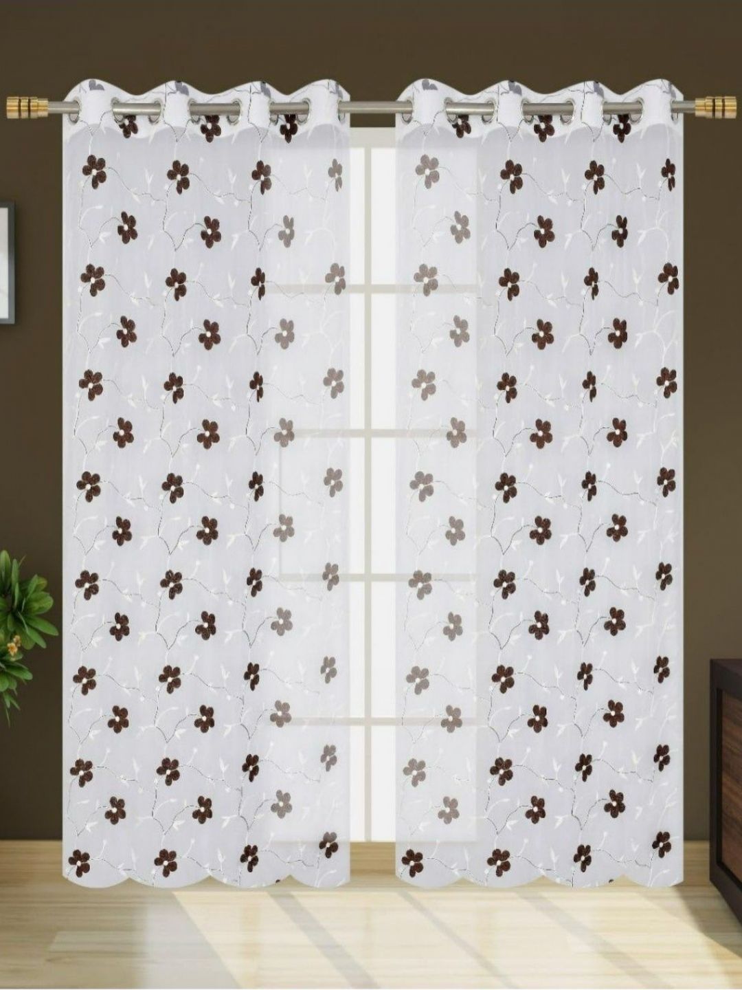 UrbanArts Brown & White 2 Pieces Floral Embroidered Sheer Window Curtains