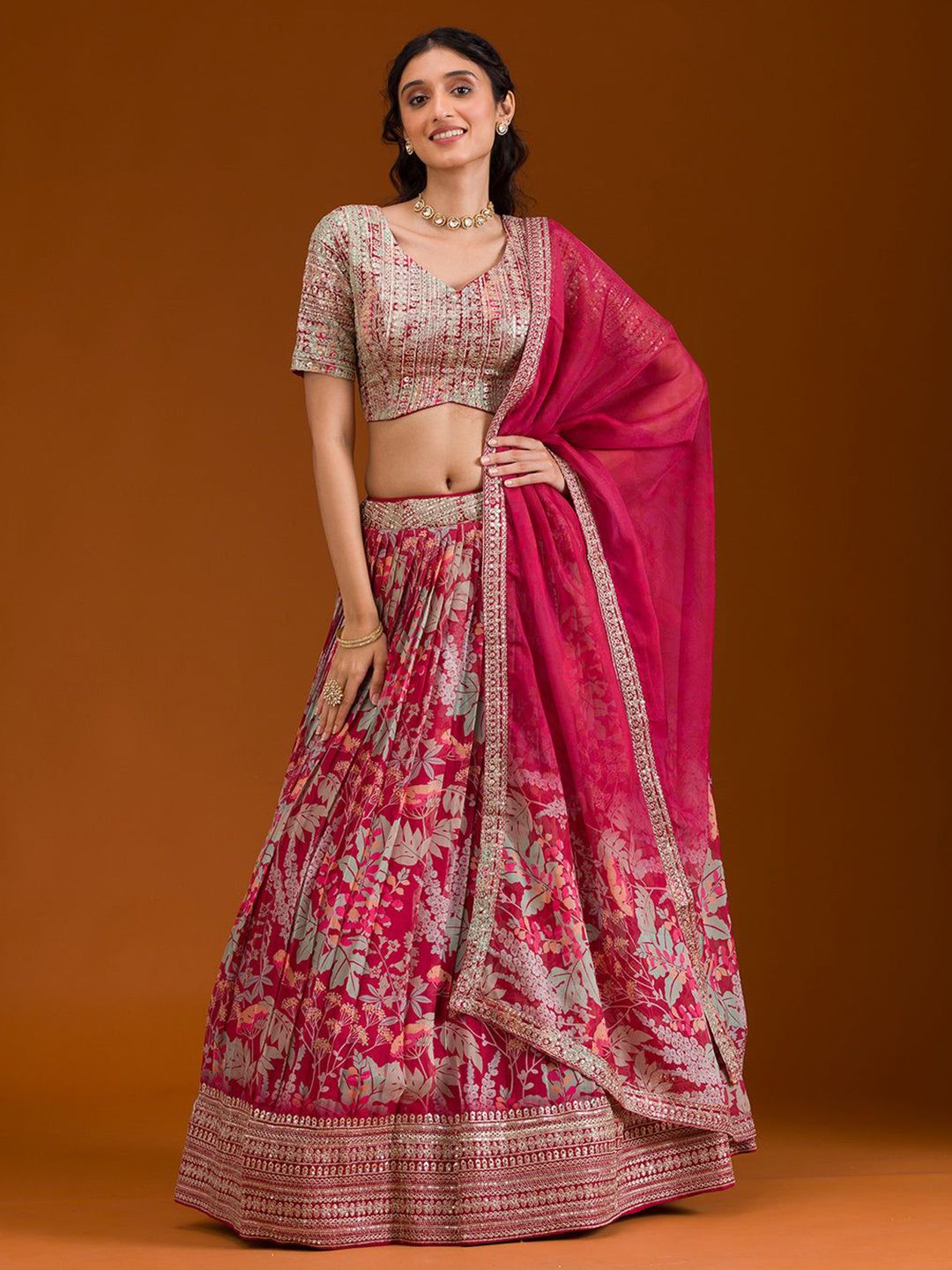 Fusionic Embroidered Sequinned Organza Lehenga & Unstitched Blouse With Dupatta