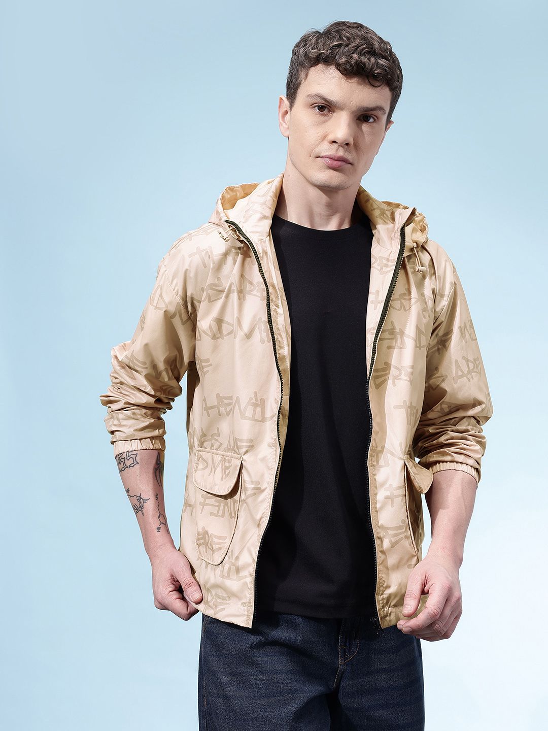 glitchez Typography Printed Hooded Bomber Jacket