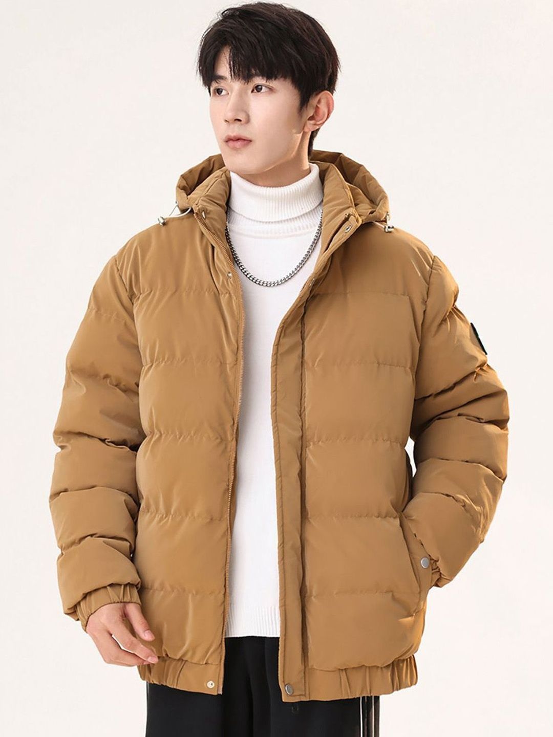 HERE&NOW Men Brown Solid Stand Collar Long Sleeves Puffer Jacket