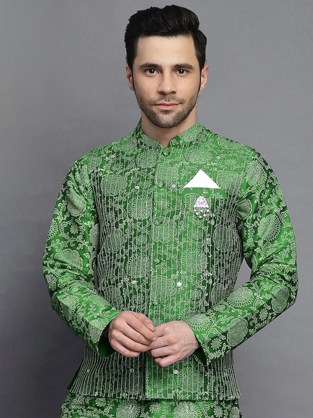 Utsav Fashion Block Printed Art Silk Nehru Jacket