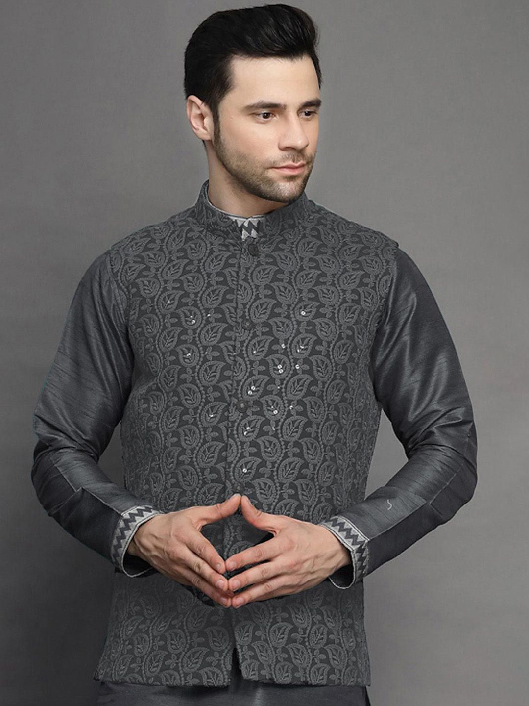 Utsav Fashion Men Grey Embroidered Georgette Nehru Jacket