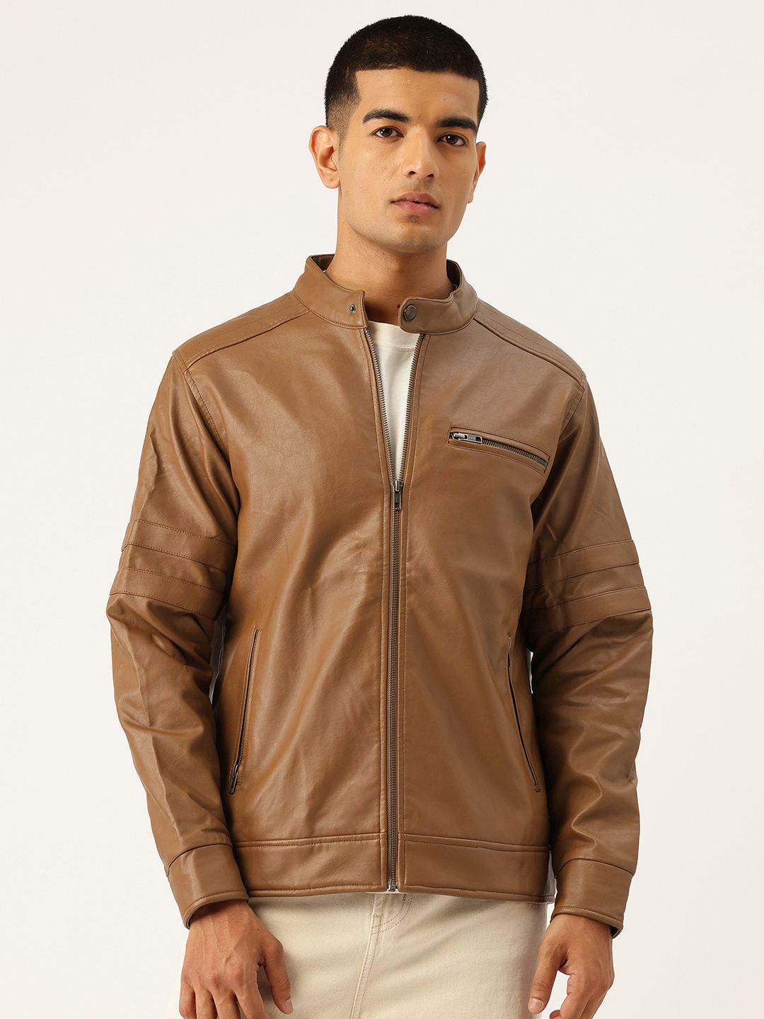 Okane Faux Leather Trim Mandarin Collar Tailored Jacket