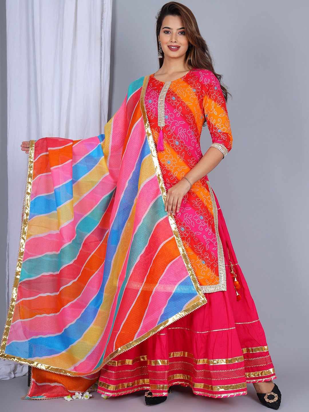 ELVISH JAIPUR Women Bandhani Printed Regular Gotta Patti Kurta with Skirt & With Dupatta