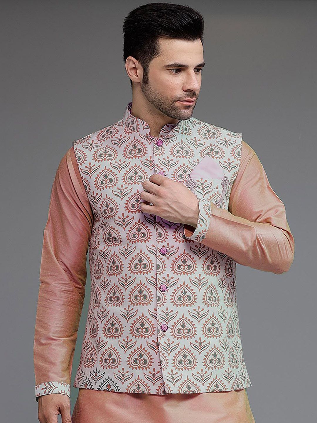 Utsav Fashion Men Digital Printed Mandarin Collar Cotton Silk Nehru Jacket