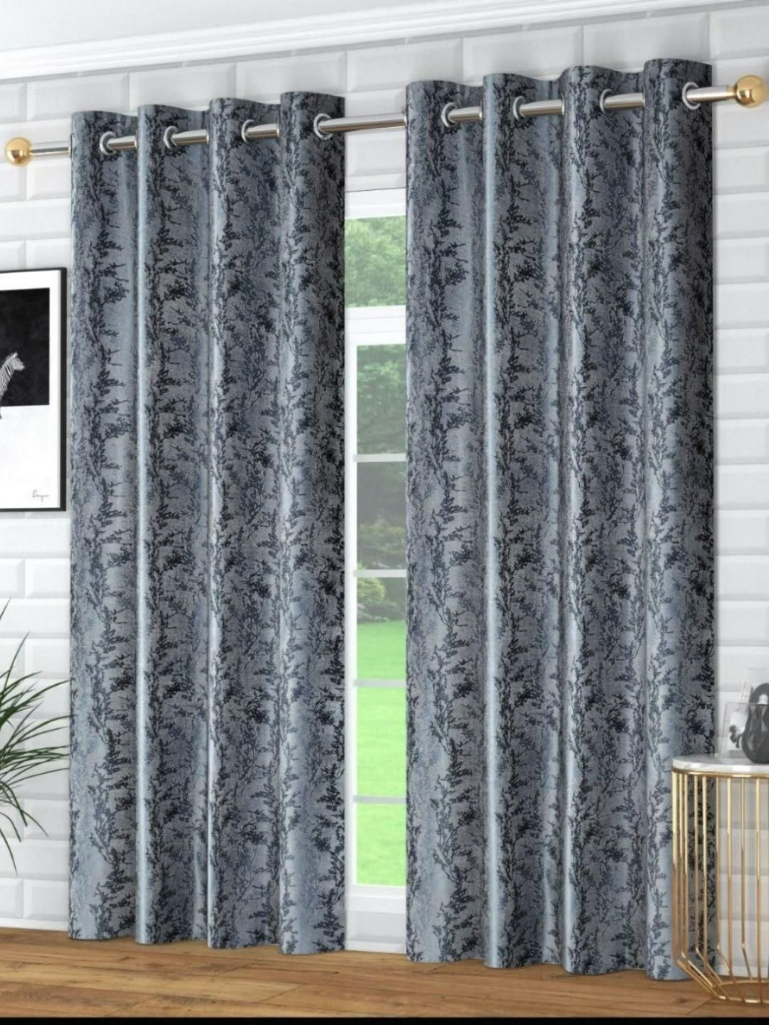 UrbanArts Grey & Black 2 Pieces Floral Printed Room Darkening Window Curtain