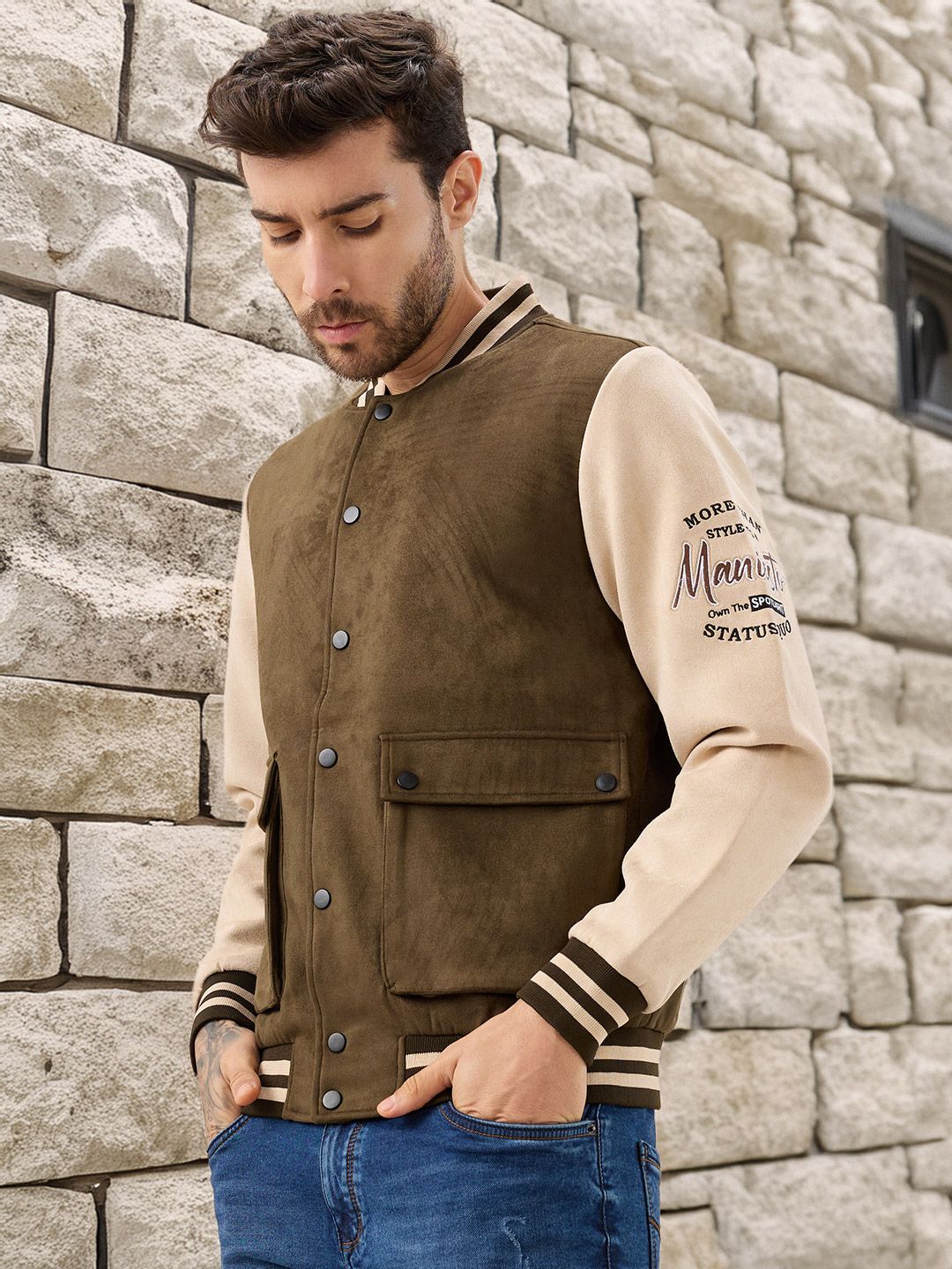 Status Quo Men Mock Collar Solid Lightweight Varsity Jacket