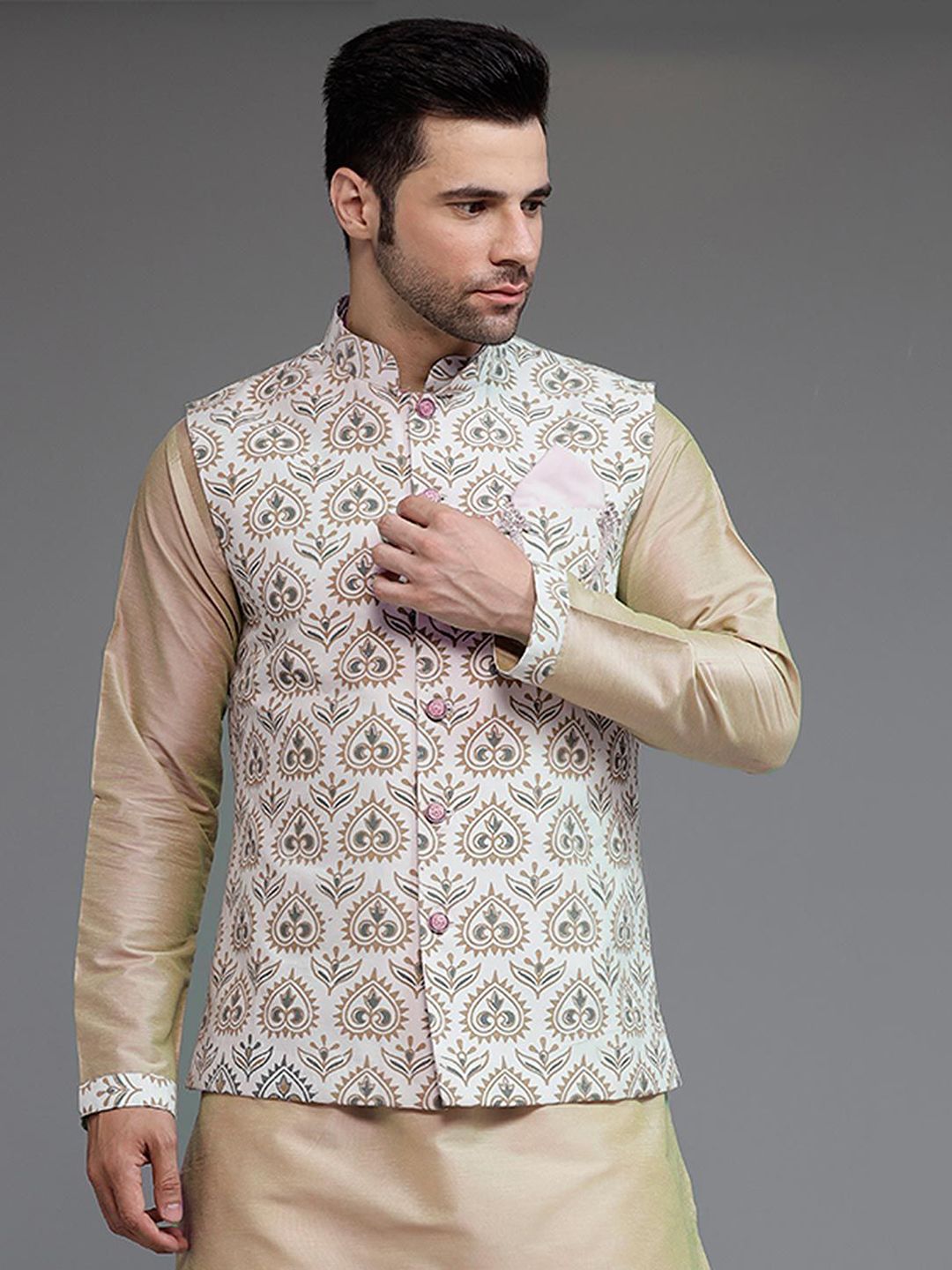 Utsav Fashion Men Off White Digital Printed Cotton Silk Nehru Jacket