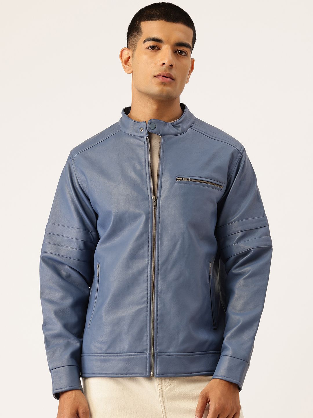Okane Faux Leather Trim Mandarin Collar Tailored Jacket