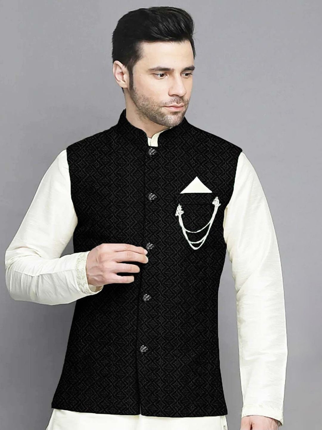 Utsav Fashion Men Black Embroidered Mandarin Collar Georgette  Nehru Jacket
